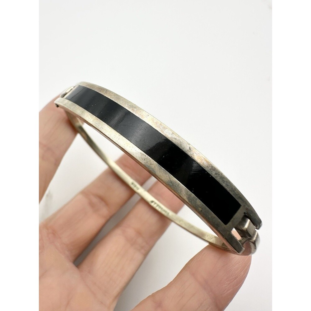Vintage Mexico 925 Sterling Silver &  Black Onyx  Bangle Bracelet 7”